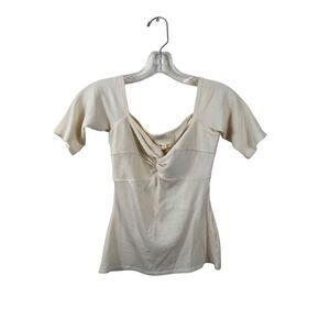 Sezane Women's Cream Stretch Ribbed Twist Front V-neck Caro Top Size XS